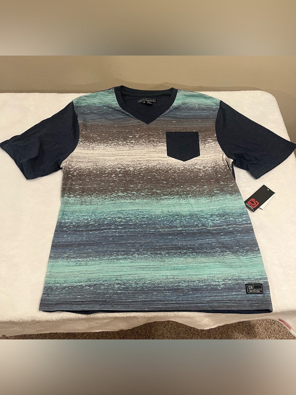 NWT Distortion Men's Space Dye Strip V-Neck Posket Tee - True Navy - XL